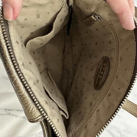 Fossil Leather Cross Body Purse Bag Silver Gold Metallic Square Medium - Picture 9 of 10